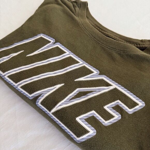 Nike Shirt Men Large Adult Olive Green White Spell Out Crewneck Casual Tee - Picture 11 of 11